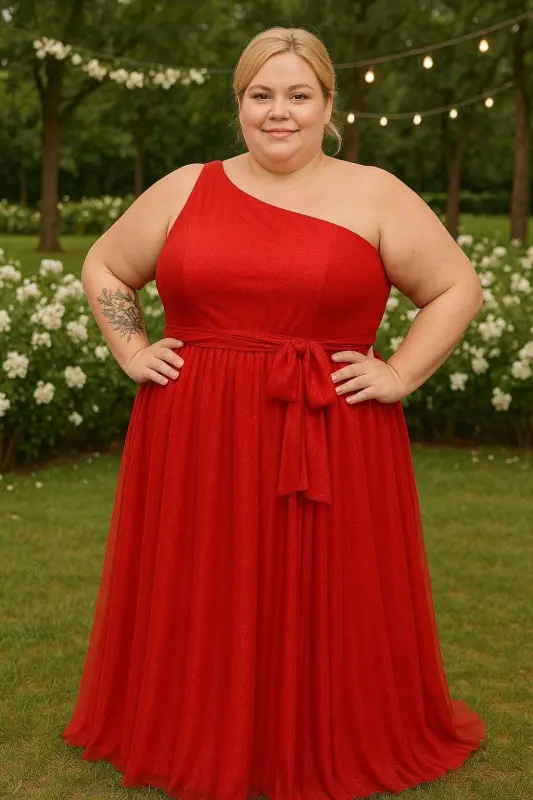 Plus Size One Shoulder Sleeve Red Evening Dress KL3040 - 1