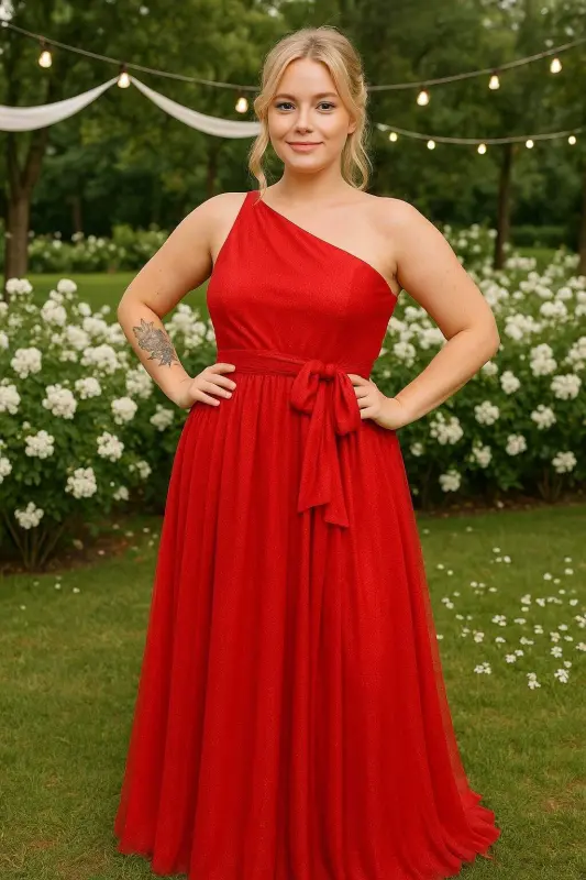 Plus Size One Shoulder Sleeve Red Evening Dress KL3040 - 2