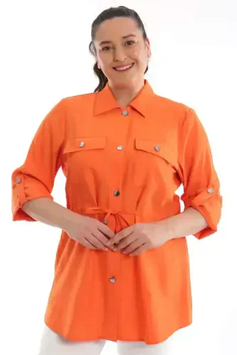 Plus Size Orange Belted Pocketed Jacket - 1