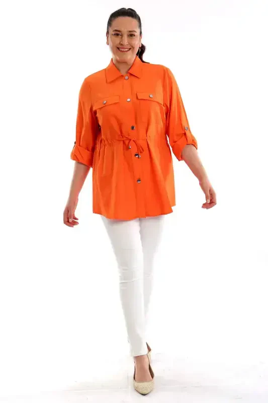 Plus Size Orange Belted Pocketed Jacket - 2