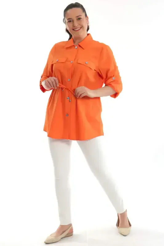 Plus Size Orange Belted Pocketed Jacket - 4