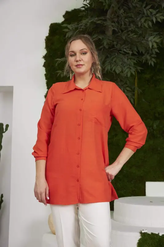 Plus Size Orange Shirt with Side Slit Detail - 1