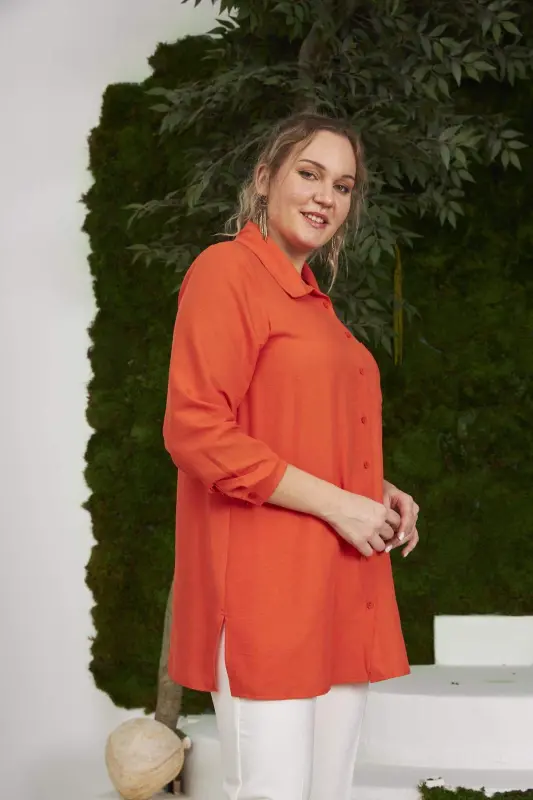 Plus Size Orange Shirt with Side Slit Detail - 2
