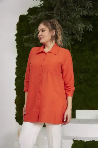 Plus Size Orange Shirt with Side Slit Detail - 3