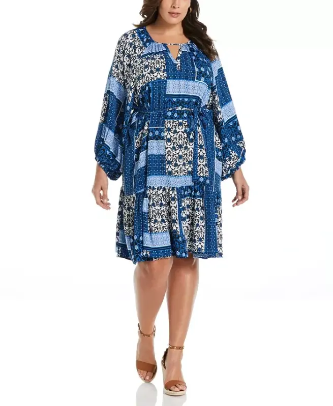 Plus Size Paisley Print Flounce Long Sleeve Dress with Self Fabric Tie - ELLA RAFAELLA