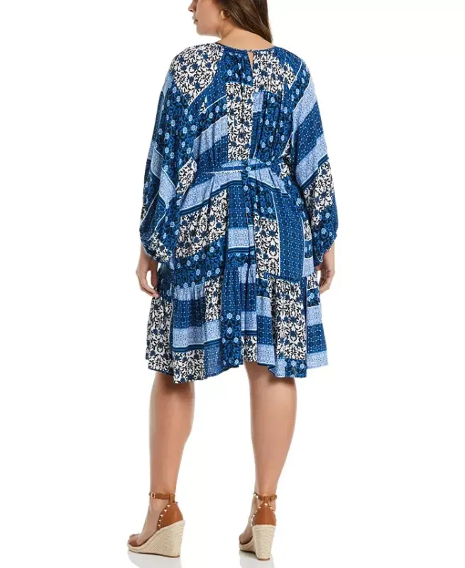 Plus Size Paisley Print Flounce Uzun Yengli Ko'ylak O'z-o'zidan Mato Bog'ichi bilan - 2