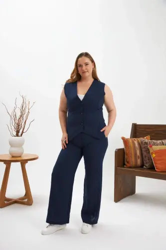 Plus Size Pant Trousers Vest Two Piece Set Navy Blue - 1