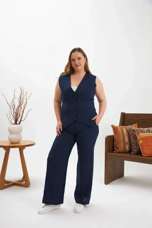 Plus Size Pant Trousers Vest Two Piece Set Navy Blue - BÜYÜKBEDENIZ