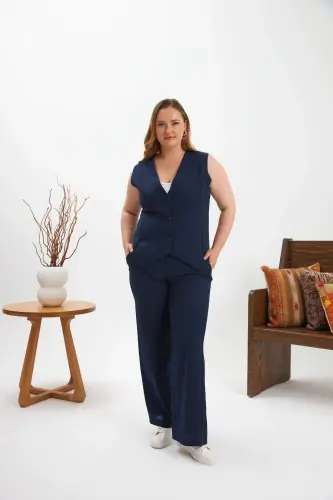 Plus Size Pant Trousers Vest Two Piece Set Navy Blue - 4