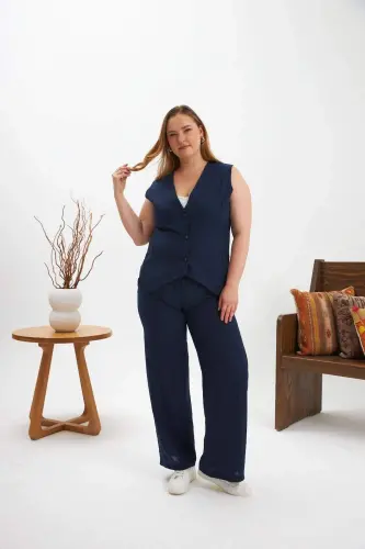Plus Size Pant Trousers Vest Two Piece Set Navy Blue - 5