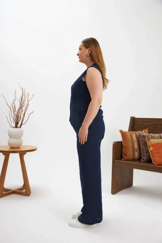 Plus Size Pant Trousers Vest Two Piece Set Navy Blue - 6