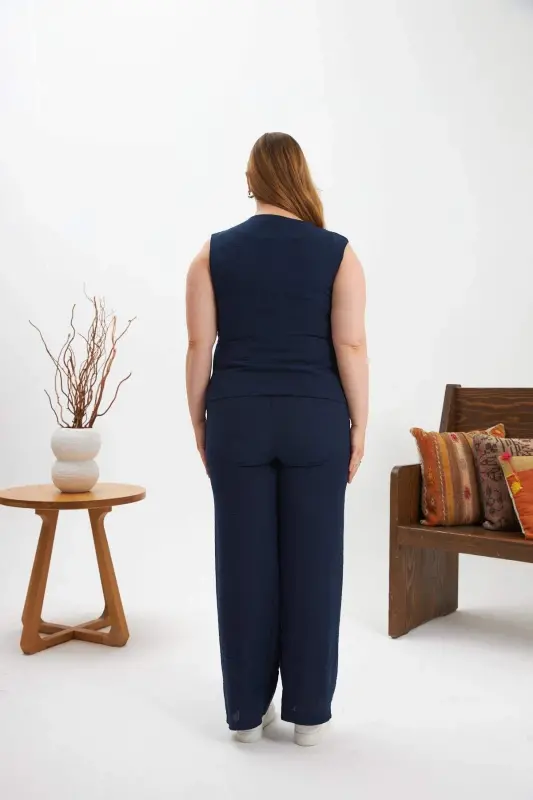Plus Size Pant Trousers Vest Two Piece Set Navy Blue - 7