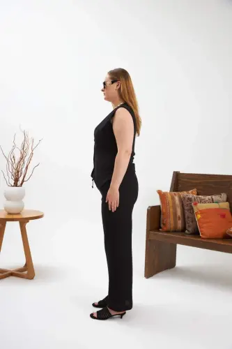 Plus Size Pants Vest Two Piece Set Black - 3