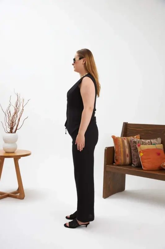 Plus Size Pants Vest Two Piece Set Black - 3