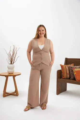 Plus Size Pants Vest Two Piece Set Mink - 1