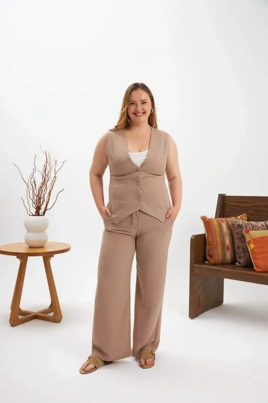 Plus Size Pants Vest Two Piece Set Mink - 1