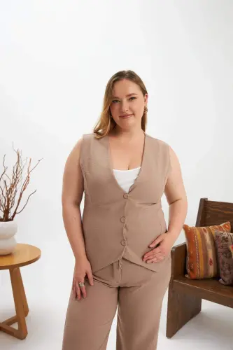 Plus Size Pants Vest Two Piece Set Mink - BÜYÜKBEDENIZ (1)