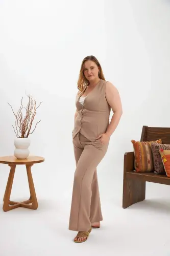 Plus Size Pants Vest Two Piece Set Mink - 3