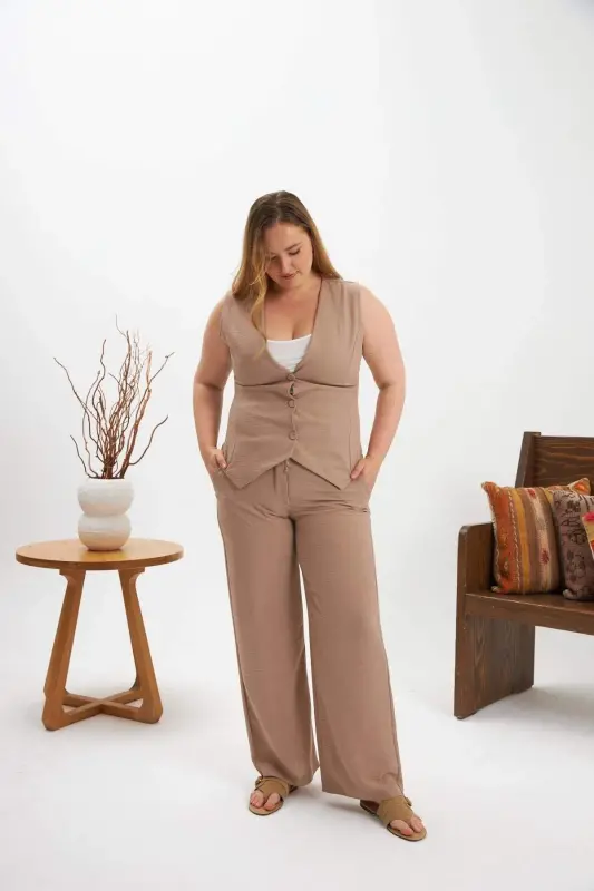 Plus Size Pants Vest Two Piece Set Mink - 5