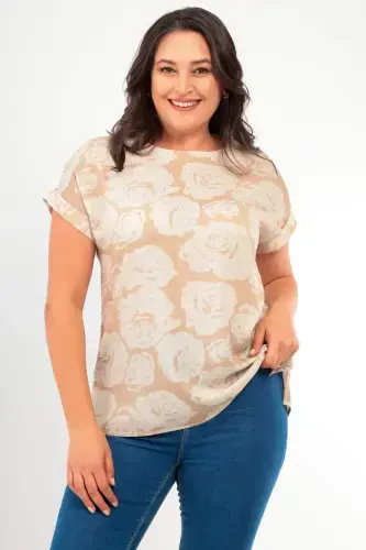 Plus Size Patterned Basic V-Neck Beige Blouse - 1