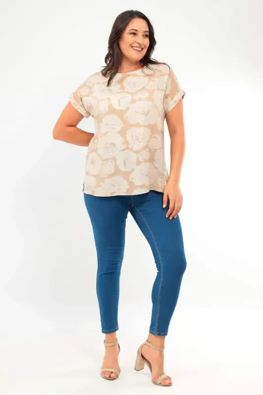 Plus Size Patterned Basic V-Neck Beige Blouse - 2