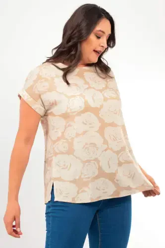 Plus Size Patterned Basic V-Neck Beige Blouse - 3