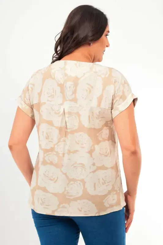 Plus Size Patterned Basic V-Neck Beige Blouse - 4