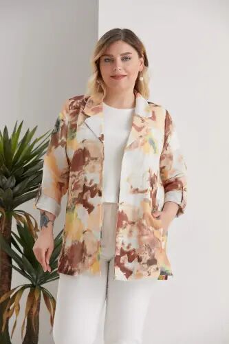 Plus Size Patterned Crossover Collar Pocket Detailed Brown Jacket - 1