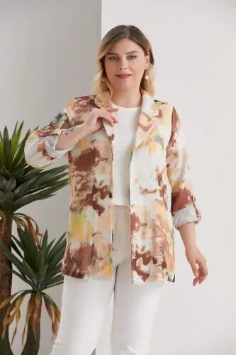Plus Size Patterned Crossover Collar Pocket Detailed Brown Jacket - 3
