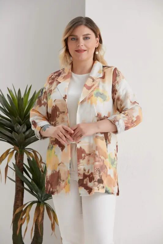 Plus Size Patterned Crossover Collar Pocket Detailed Brown Jacket - 4