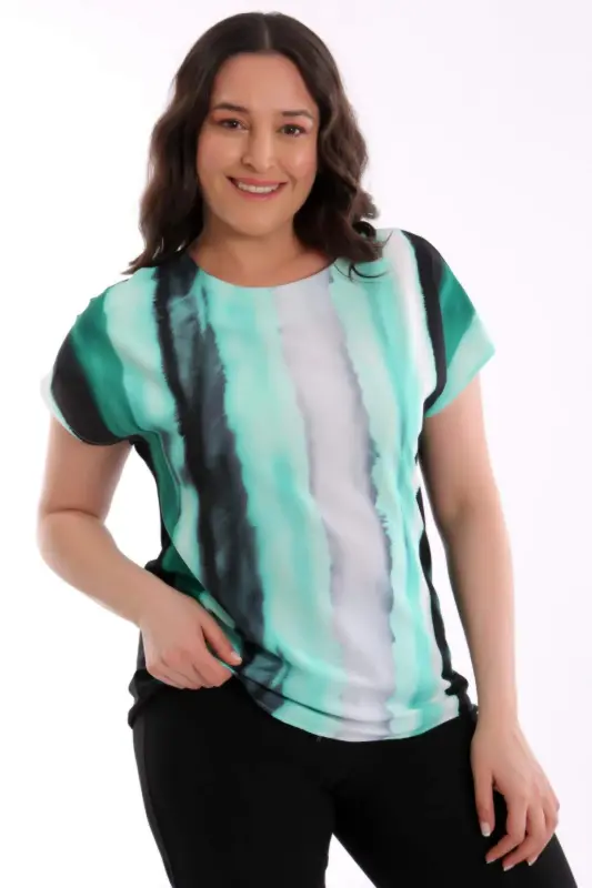 Plus Size Patterned Drop Shoulder Basic Black Blouse - 1