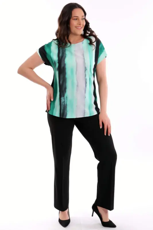 Plus Size Patterned Drop Shoulder Basic Black Blouse - 2