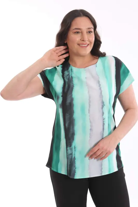 Plus Size Patterned Drop Shoulder Basic Black Blouse - 4