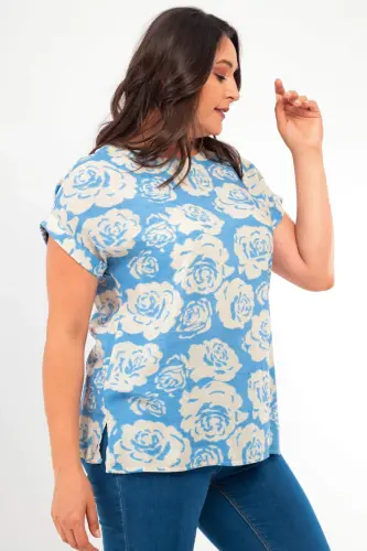 Plus Size Patterned Drop Shoulder Basic Blue Blouse - 3