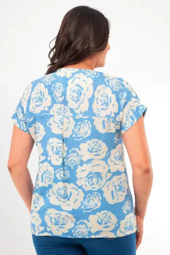 Plus Size Patterned Drop Shoulder Basic Blue Blouse - 5