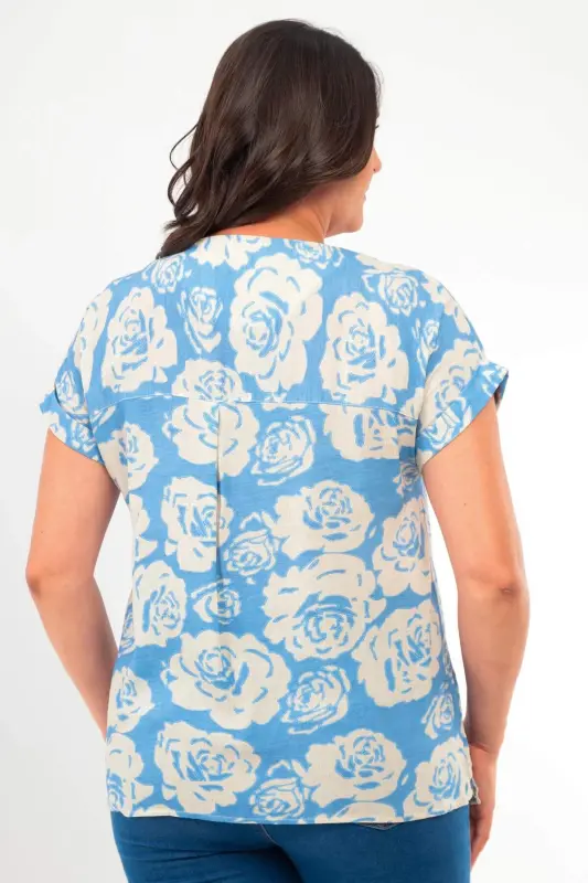 Plus Size Patterned Drop Shoulder Basic Blue Blouse - 5