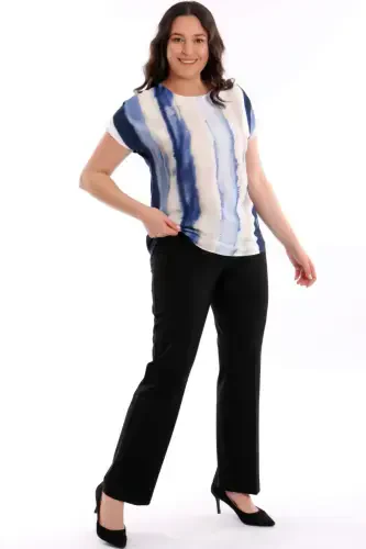 Plus Size Patterned Drop Shoulder Basic Navy Blue Blouse - BÜYÜKBEDENIZ (1)