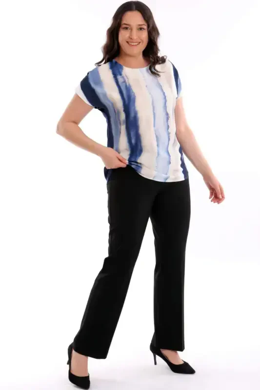 Plus Size Patterned Drop Shoulder Basic Navy Blue Blouse - 2