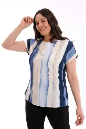 Plus Size Patterned Drop Shoulder Basic Navy Blue Blouse - 3