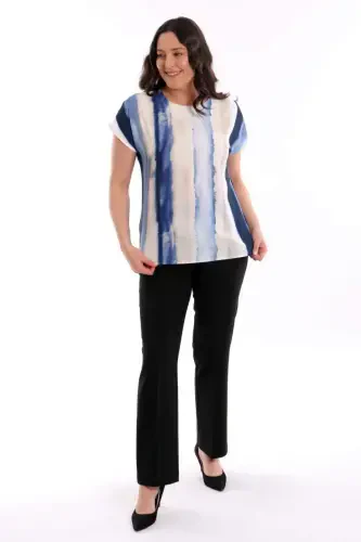 Plus Size Patterned Drop Shoulder Basic Navy Blue Blouse - 4