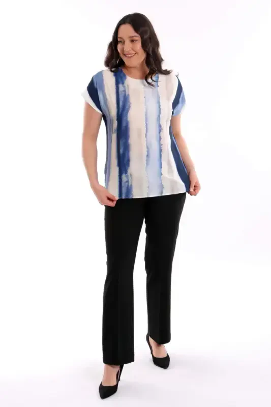 Plus Size Patterned Drop Shoulder Basic Navy Blue Blouse - 4