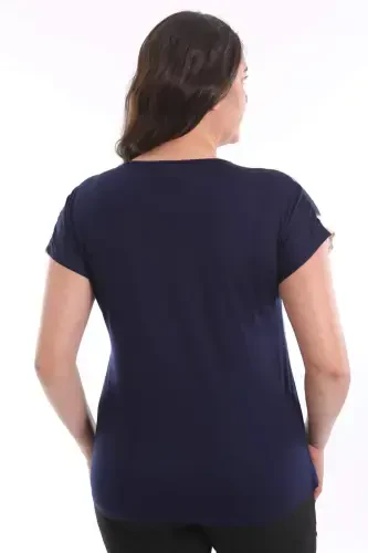 Plus Size Patterned Drop Shoulder Basic Navy Blue Blouse - 6