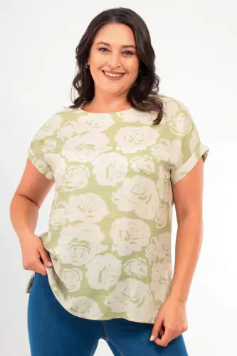 Plus Size Patterned Low Sleeve Basic Green Blouse - 1
