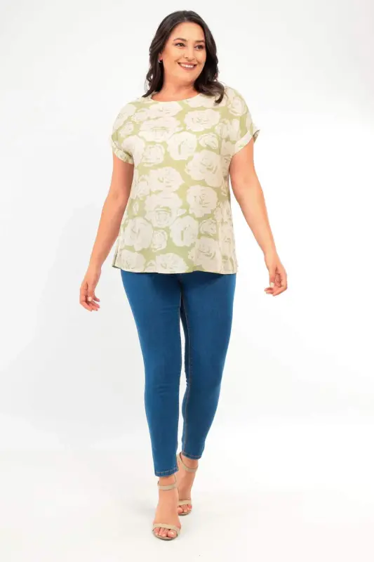 Plus Size Patterned Low Sleeve Basic Green Blouse - 5