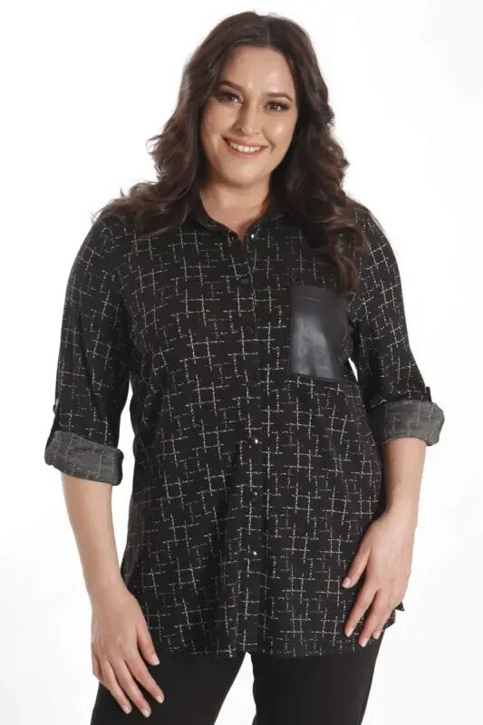 Plus Size Patterned Ornamental Pocket Detailed Knitted Black Shirt - 1