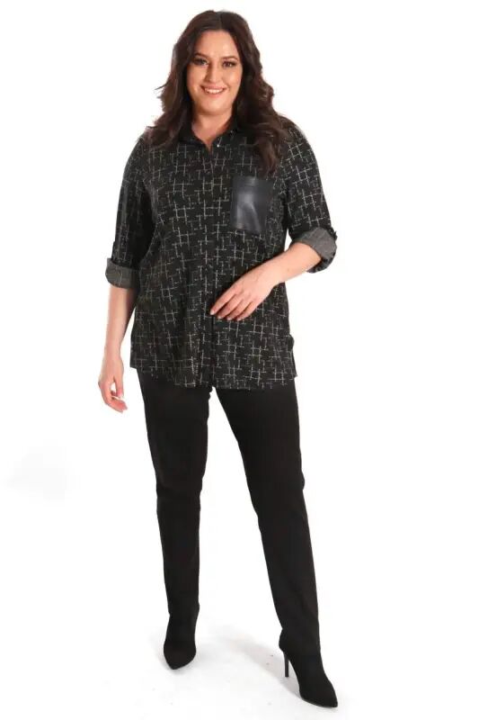Plus Size Patterned Ornamental Pocket Detailed Knitted Black Shirt - 2