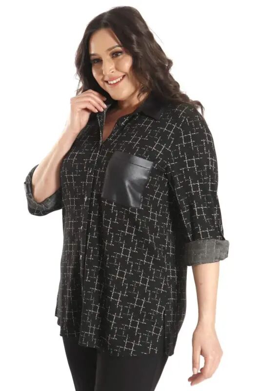 Plus Size Patterned Ornamental Pocket Detailed Knitted Black Shirt - 6