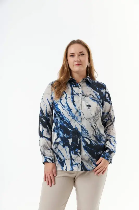 Plus Size Patterned Shirt Indigo - BÜYÜKBEDENIZ