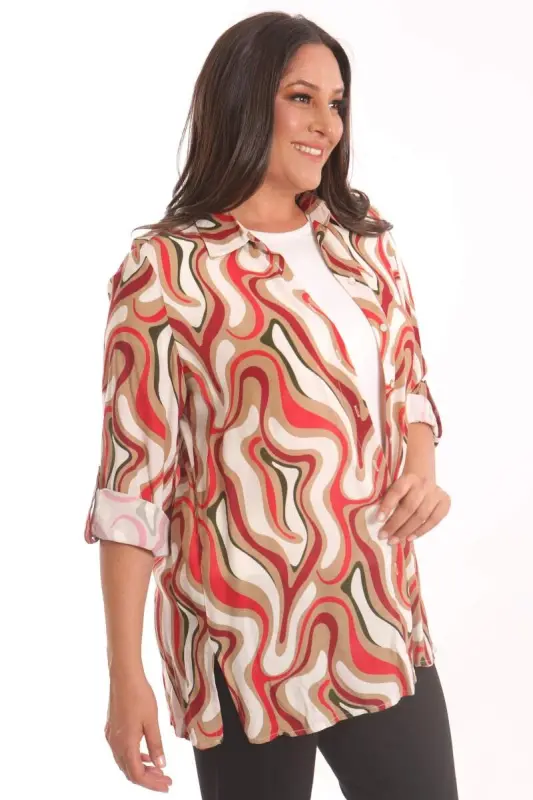 Plus Size Patterned Viscose Shirt Blouse Burgundy Two-Piece Set - 3