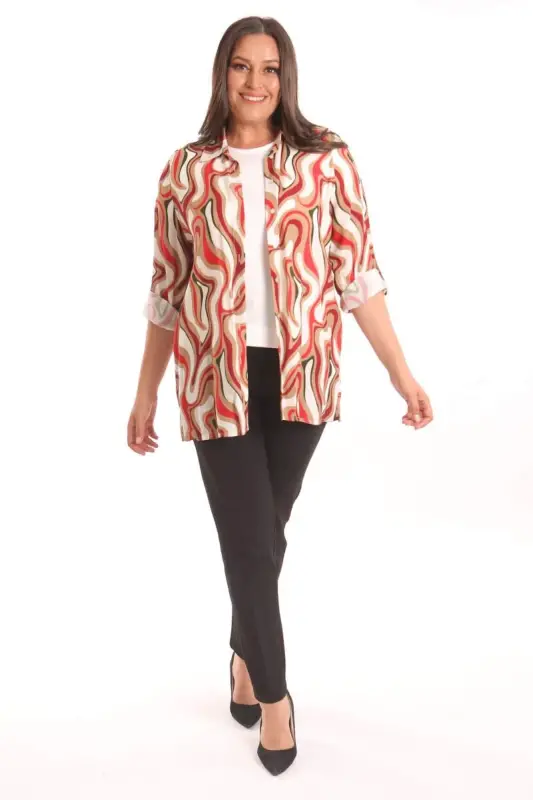 Plus Size Patterned Viscose Shirt Blouse Burgundy Two-Piece Set - 4